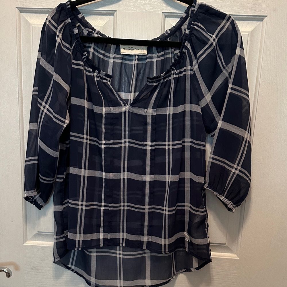 Abercrombie & Fitch Sheer Navy & White 3/4 Sleeve Plaid Blouse Size XS